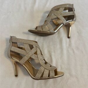 Marc Fischer Size 7 Gold 3” Heel Open Toe Dressy Sandal. Back zipper. Never worn